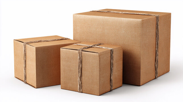 Brown cardboard boxes stacked together on a white background
