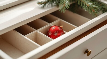 Red Christmas ornament with golden snowflake pattern stored inside a wooden drawer organizer, holiday decoration storage and seasonal organization in warm natural light