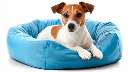 Cute dog resting in a cozy blue bed indoors in bright light