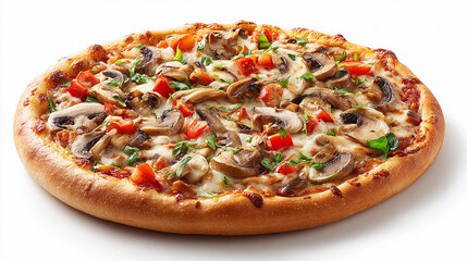 Freshly baked vegetarian pizza topped with mushrooms and peppers
