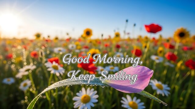 A field of flowers with dew drops on a petal and a good morning message overlayed on the image - Powered by Adobe