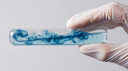 Blue liquid swirls in test tube held by a gloved hand in laboratory