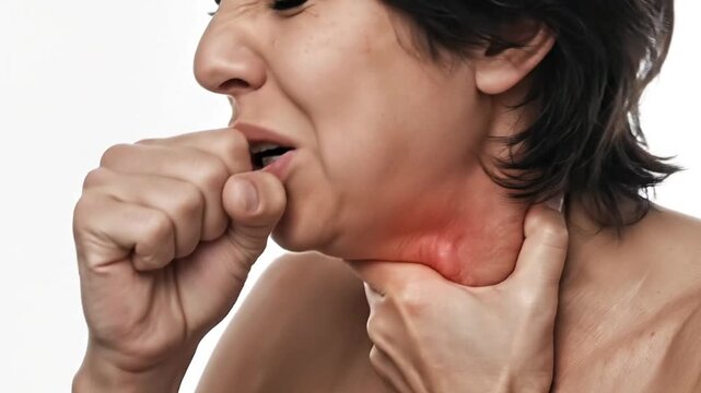 Person with severe sore throat, coughing, and pain, clutching neck with visible red inflammation, health and illness concept on white background.