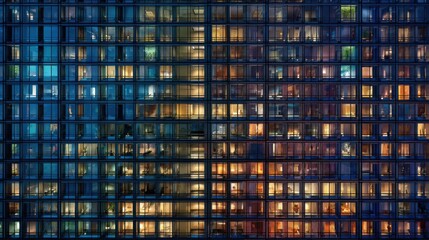 Nighttime view of a modern high-rise apartment building showcasing numerous illuminated windows. Each window displays a glimpse of different activities and lifestyles within the urban environment.
