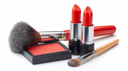 Makeup tools and cosmetics featuring red lipstick and blush