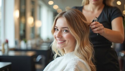 Young woman smiles while hairdresser styles blonde hair in beauty salon. Stylist uses comb and scissors for new haircut. Client gets makeover service in modern hair studio.
