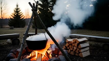 Campfire cooking pot steaming over glowing embers at dusk with firewood and log seating in forest 4K Ai HD high quality video.
