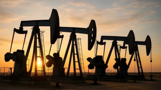 Silhouetted oil pumps at sunset, captured from a low angle. The video conveys industrial power and energy production against a vibrant sky. Live desktop wallpaper.