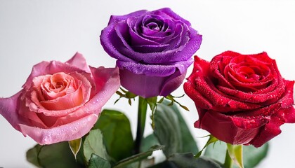 colorful roses on white background close up studio shot featuring red pink purple and burgundy flowers with water droplets