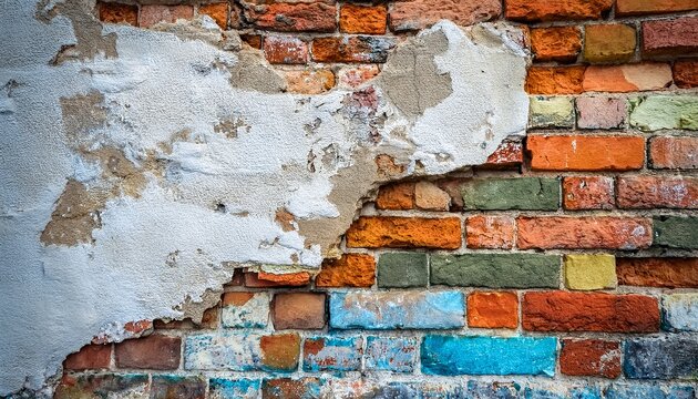 close up of an old weathered brick wall with peeling plaster revealing multi colored bricks beneath showing texture and signs of decay - Powered by Adobe