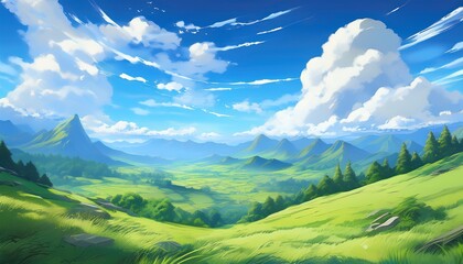 serene anime landscape of rolling green hills and mountains under a blue sky with puffy clouds scenic view