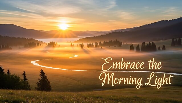 Golden sunrise illuminates misty valley with winding river and distant mountain range view - Powered by Adobe