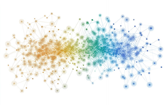 A network of dots and lines in a gradient from orange to blue, on a white background