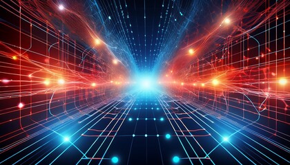 neural network artificial intelligence data connection glowing digital futuristic technology abstract blue red background
