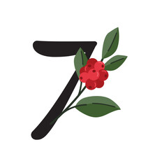 Number 7 with Red Flower and Green Leaves Elegant Botanical Vector for Advent Calendar and Floral Designs.