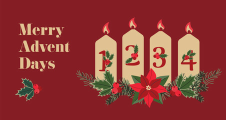 Merry Advent Days with Numbered Candles and Poinsettia Festive Vector Illustration for Holiday Decor and Greeting Cards.