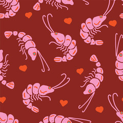 Valentine Shrimp Seamless Pattern on Burgundy Background Fun Hand Drawn Design for Romantic and Nautical-Themed Prints. I
