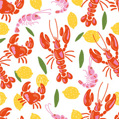 Lobsters, Crabs, Shrimps and Lemons Seamless Pattern on White Background Fun Mediterranean Seafood Design in Hand Drawn Style.