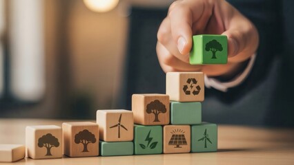 Sustainability & Green Supply Chain. Hand stacking tree & renewable energy blocks showing balanced eco management.
