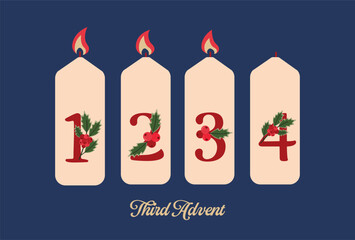 Third Advent Illustration with Numbered Candles and Flames Festive Vector Design for Holiday Decor and Seasonal Cards.