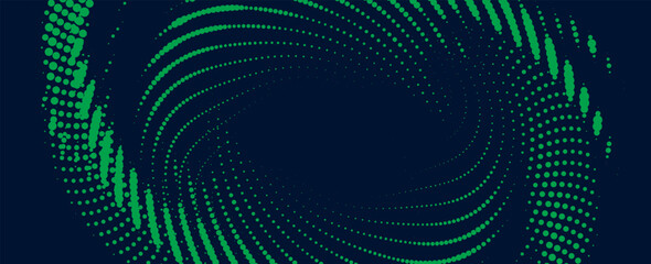 Flowing dot particles wave curve pattern green and black gradient light isolated on black background in concept of AI technology, science, music.