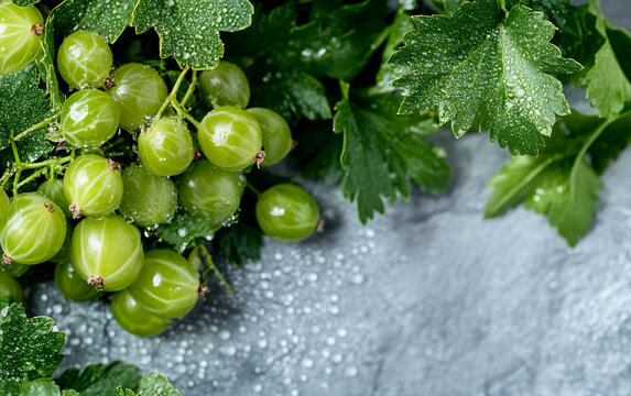 Fresh green gooseberries covered in dewdrops, nestled among lush leaves, capturing the essence of freshness