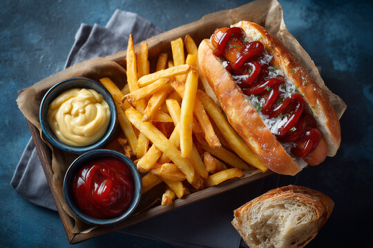 Pudełko z jedzeniem na wynos: hot dog polany sosem i duża porcja chrupiących frytek. Obok bułka, keczup i musztarda, widok z g&oacute;ry.