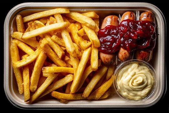 Pudełko z jedzeniem na wynos: duża porcja frytek i dwie kiełbaski (par&oacute;wki) w całości, polane sosem (żurawinowym?), obok musztarda, widok z g&oacute;ry.