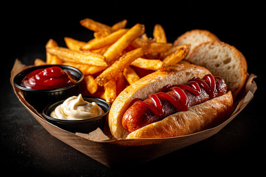 Pudełko z jedzeniem na wynos: hot dog z sosem i duża porcja chrupiących frytek polanych keczupem. Obok bułka i dwa dipy, widok z g&oacute;ry.