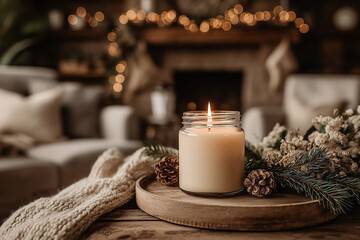Świeca w szklanym słoiku na drewnianej tacy, w otoczeniu świątecznych dekoracji. Przytulny, rozmyty salon z kominkiem i ciepłym oświetleniem w tle.