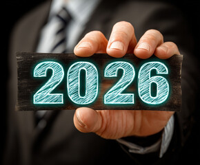 Zbliżenie na dłoń w garniturze trzymającą tabliczkę z wygrawerowanym i podświetlonym turkusowym światłem napisem „2026” na tle ciemnego tła.