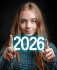 Młoda, uśmiechnięta kobieta w szarym swetrze wskazuje palcami na cyfrowy, neonowy napis „2026” unoszący się między jej dłońmi na ciemnym tle. © Silent26