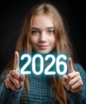 Młoda, uśmiechnięta kobieta w szarym swetrze wskazuje palcami na cyfrowy, neonowy napis &bdquo;2026&rdquo; unoszący się między jej dłońmi na ciemnym tle.