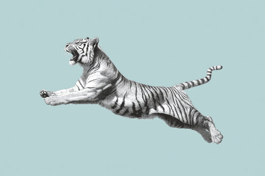 Dynamiczne ujęcie tygrysa w czerni i bieli, skaczącego na pastelowo-błękitnym tle. Otwarty pysk i pęd symbolizują siłę i agresję.