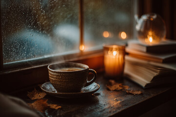 Przytulna, jesienna scena. Kubek parującej kawy na starym, otwartym notatniku, otoczony liśćmi i szyszkami, w ciepłym świetle świec przy oknie w deszczu.