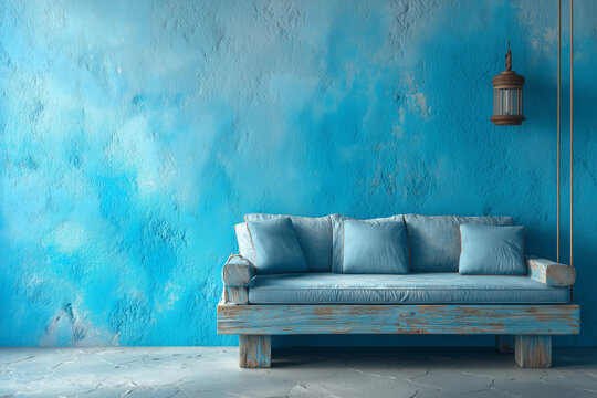 Fototapeta Prosta drewniana sofa z jasnoniebieskimi poduszkami stoi przy ścianie o intensywnej, teksturowanej, błękitnej barwie. Nad nią wisi metalowa latarnia.
