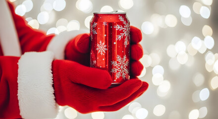 Santa holding a festive red soda can with snowflakes in winter  
