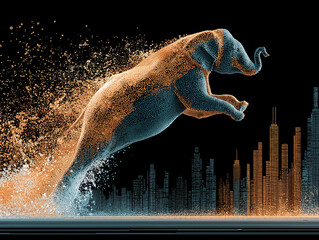 Dynamiczny render skaczącego słonia, którego ciało rozpada się na pomarańczowo-niebieskie cząsteczki, nad panoramą miasta w cyfrowym stylu.
