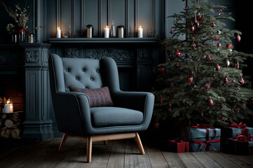 Ciemne, świąteczne wnętrze z choinką i kominkiem. Gł&oacute;wnym elementem jest tapicerowany, szary fotel z poduszką w kratę.
