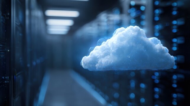 A floating cloud visualization highlights the concept of cloud computing within a modern data center filled with illuminated servers. The environment conveys advanced technology.