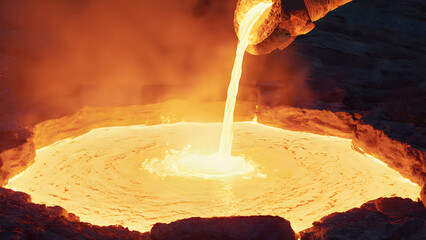 Dramatic industrial scene of molten metal being poured into a cauldron with flames, foundry concept.