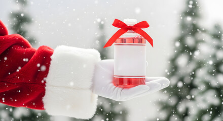 Santa Claus hand holding a festive gift jar with red ribbon in snow  