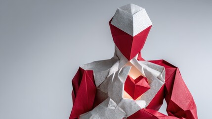 origami blood donor art, designers origami illustration for national blood donor month features a complex, d sculpture of a stylized human figure revealing a glowing origami heart