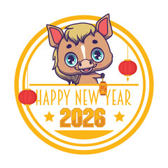 Happy New Year 2026 illustration with a cute jolly horse