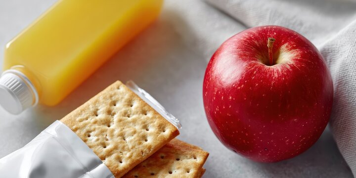 charity snack setup, snacks laid out for post-donation with juice box, crackers, and a red, beautifully displayed on a white tablecloth