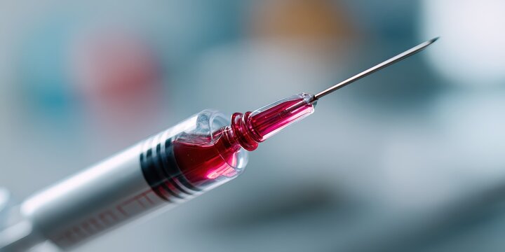 medical supply component, a close-up of a sharpened, untouched blood donation needle inside its clear casing, set against a blurred medical environment - Powered by Adobe