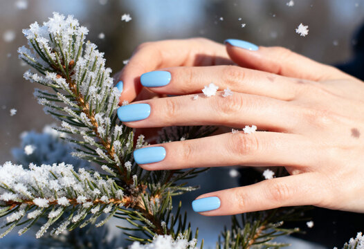 Woman's hands with a stylish blue winter manicure touching a snowy fir branch. Close-up of Christmas nails designs with snowflakes