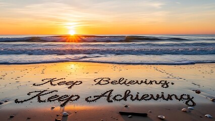 Keep believing keep achieving message written on the beach during a beautiful sunrise