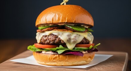 Artisan Burger: An appetizing artisan burger, beautifully constructed with a juicy patty, melted cheese, fresh toppings and artisan bun, is a feast for the eyes and a promise of culinary delight.