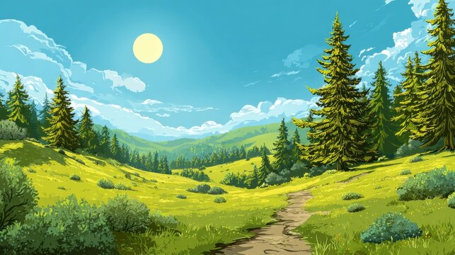 A serene landscape features lush green hills dotted with tall pine trees. The sun shines bright in a clear blue sky, creating a peaceful atmosphere ideal for outdoor activities and nature walks.